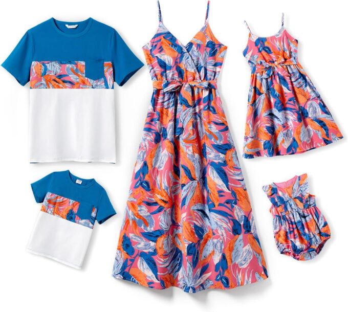 PATPAT Family Matching Outfits Mommy and Me Dresses Hawaiian Tropical Vacation Beach Spaghetti Strap Dress and Shirt