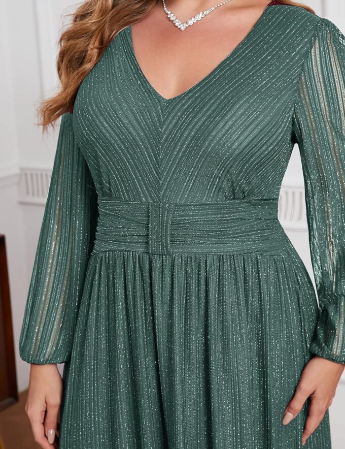 ZOMVA Plus Size Maxi Formal Dress Sparkly V-Neck A-line Ruffle Sleeves Evening Gown Cocktail Prom Glitter – Bild 7