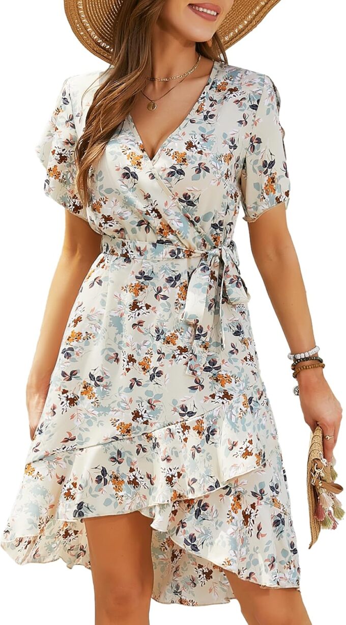 Womens Summer Dress 2025 Floral Boho Dress Wrap V Neck Short Sleeve Ruffle A Line Flowy High Low Midi Dresses