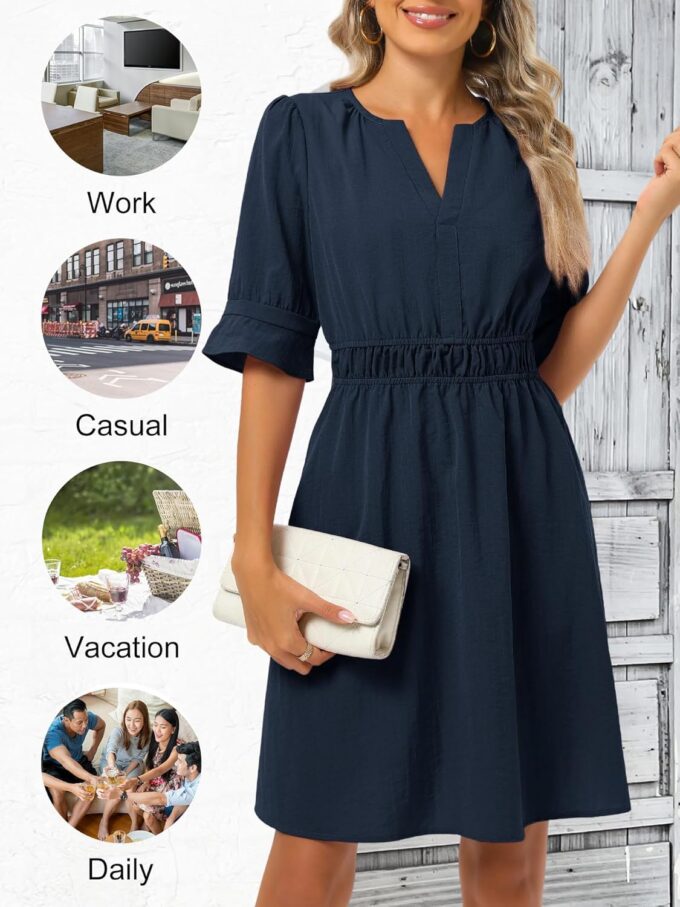 Loemes Womens Casual Work Drop Waist Sunresses Business V Neck Midi Ruffle Sleeve Solid Color Flowy Summer Dress with Pockets – Bild 3