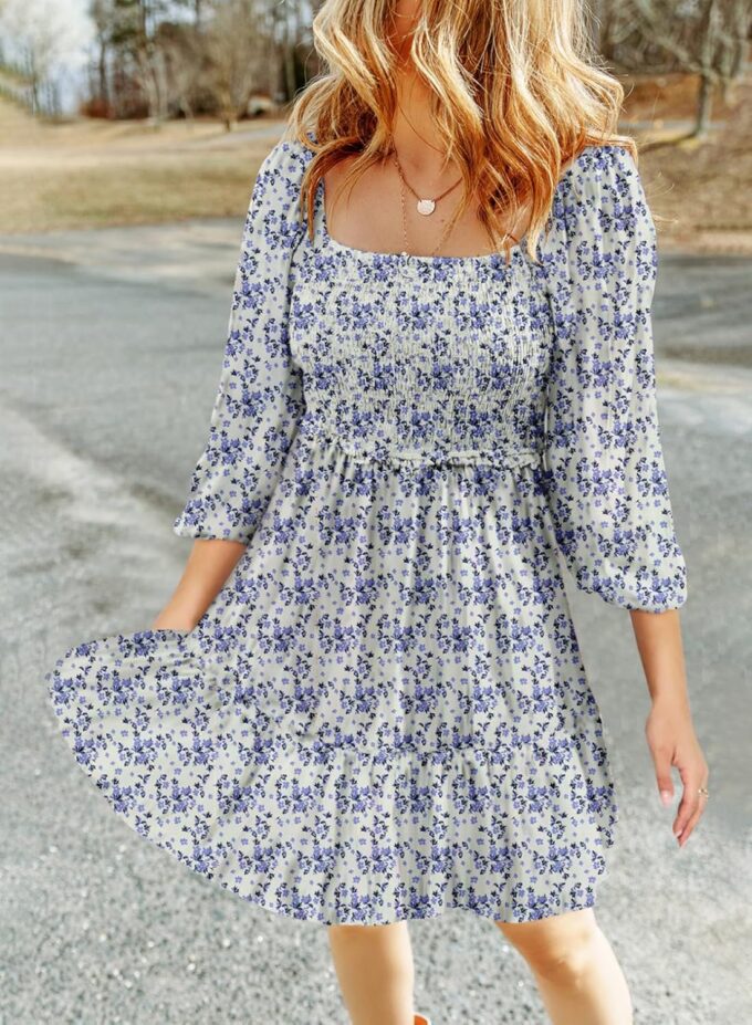 Dokotoo Summer Dresses for Women 2025 Boho Floral Square Neck Smocked 3/4 Sleeve Casual A-Line Swing Mini Dress Sundress – Bild 3