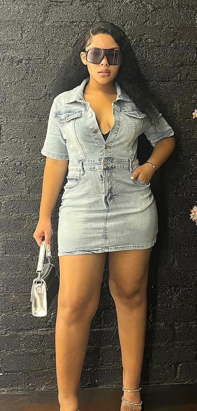 Ryehack Women's Summer Casual Denim Dress Bodycon Short Sleeve Bodycon 1/2 Button Sexy Mini Casual Jean Dress – Bild 5