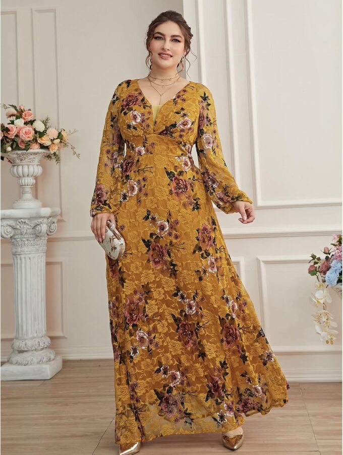 TOLEEN Women's Plus Size Dress V Neck Rose Embroidery Mesh Elegant Formal Maxi Dresses – Bild 4
