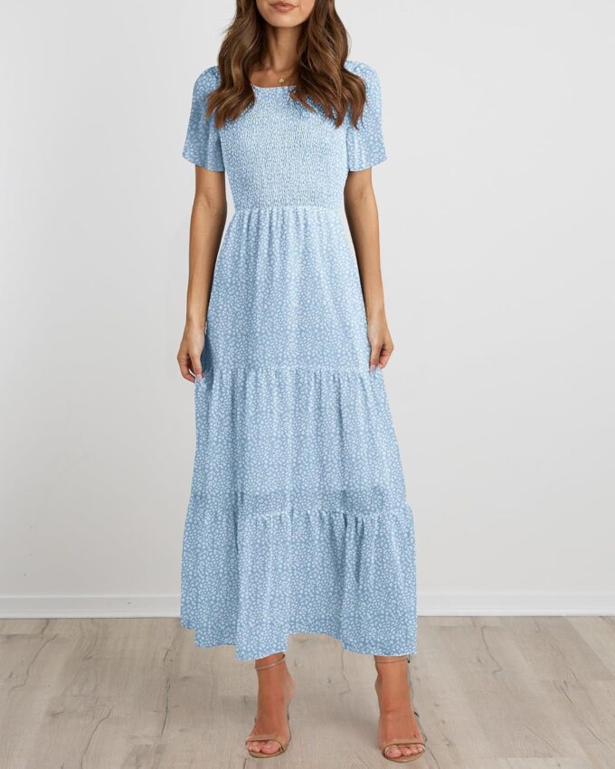 BTFBM Women Casual Short Sleeve Crew Neck Summer Dress Bohemian Floral Printed Flowy Maxi Dresses Tiered Cocktail Dress – Bild 2