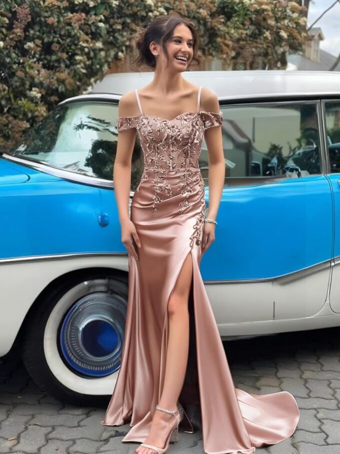 Mermaid Satin Prom Dresses 2025 Lace Applique Off Shoulder Formal Evening Gown with Slit – Bild 4