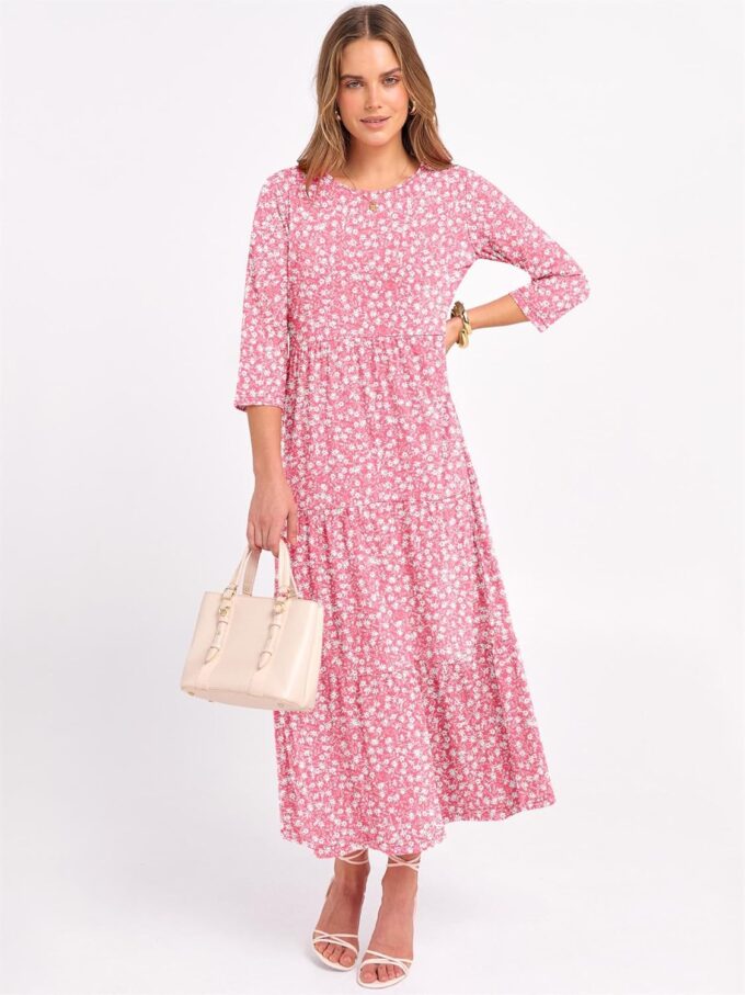 Prinbara Women's 3/4 Sleeve Casual Maxi Floral Dresses 2025 Fall Crewneck A-line Tiered Flowy Summer Boho T Shirt Long Dress – Bild 2