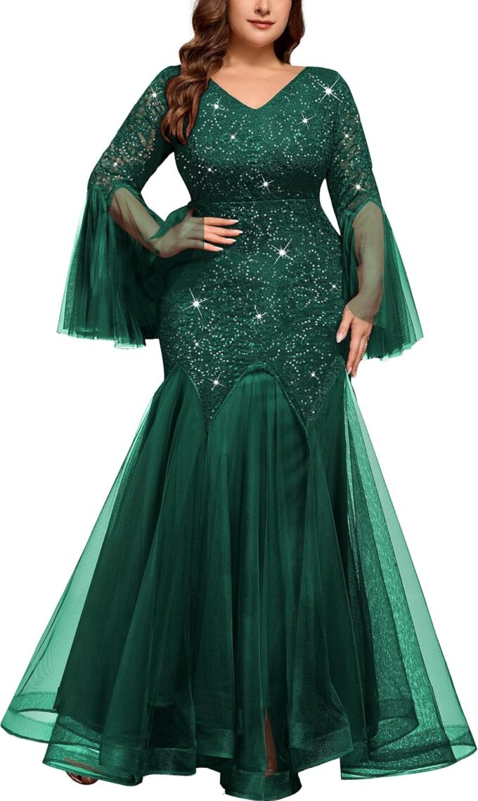 MISSMAY Women's Plus Size Sequins Lace V Neck Sheer Long Sleeves Tulle Mermaid Hem Formal Evening Party Dresses