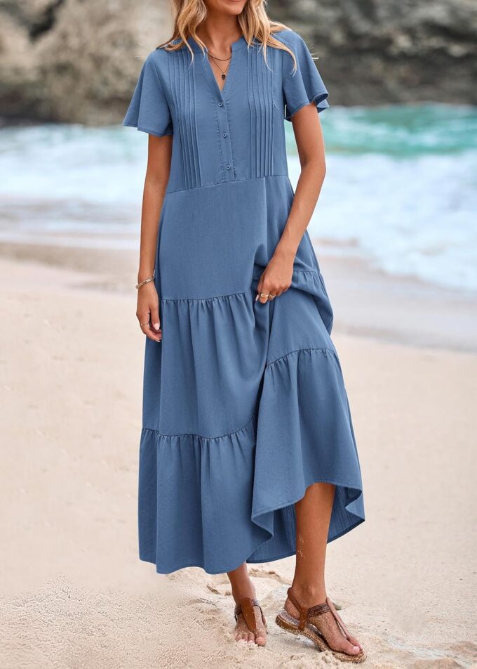 KIRUNDO Summer Maxi Dresses for Women 2025 Spring Fashion Short Sleeve Button V Neck Pleated Loose Tiered Swing Flowy Dress – Bild 3