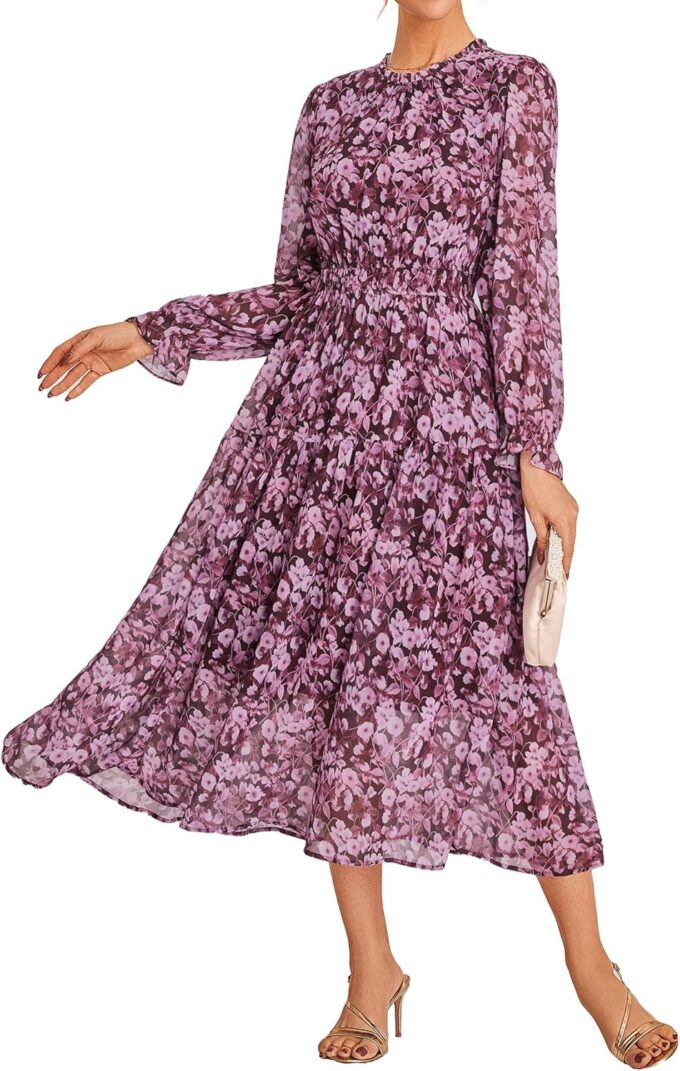 GRACE KARIN Women's Long Sleeve Maxi Dress Fall 2025 Chiffon Flowy Wedding Guest Dresses Floral Tiered Dress with Pockets