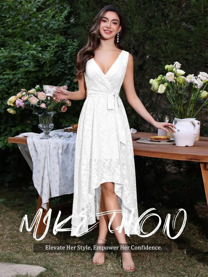 Women's Flowy Wedding Guest Dress A Line Jacquard Sleeveless High Low Midi Length Formal Summer Dress with Belt White M – Bild 5