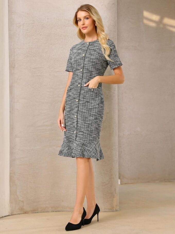Women's Tweed Dress Short Sleeve 2025 Elegant Wedding Cocktail Bodycon Midi Fishtail Dresses – Bild 3