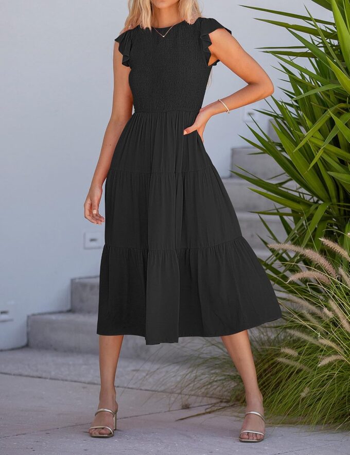 MEROKEETY Women's Flutter Short Sleeve Smocked Midi Dress Summer Casual Tiered A-Line Dress – Bild 6
