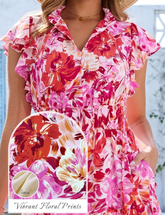 Kranda 2025 Women Summer Self-tie V Neck High Waist Ruffle Cap Sleeve Flowy Tiered Long Boho Floral Maxi Dress with Pockets – Bild 6