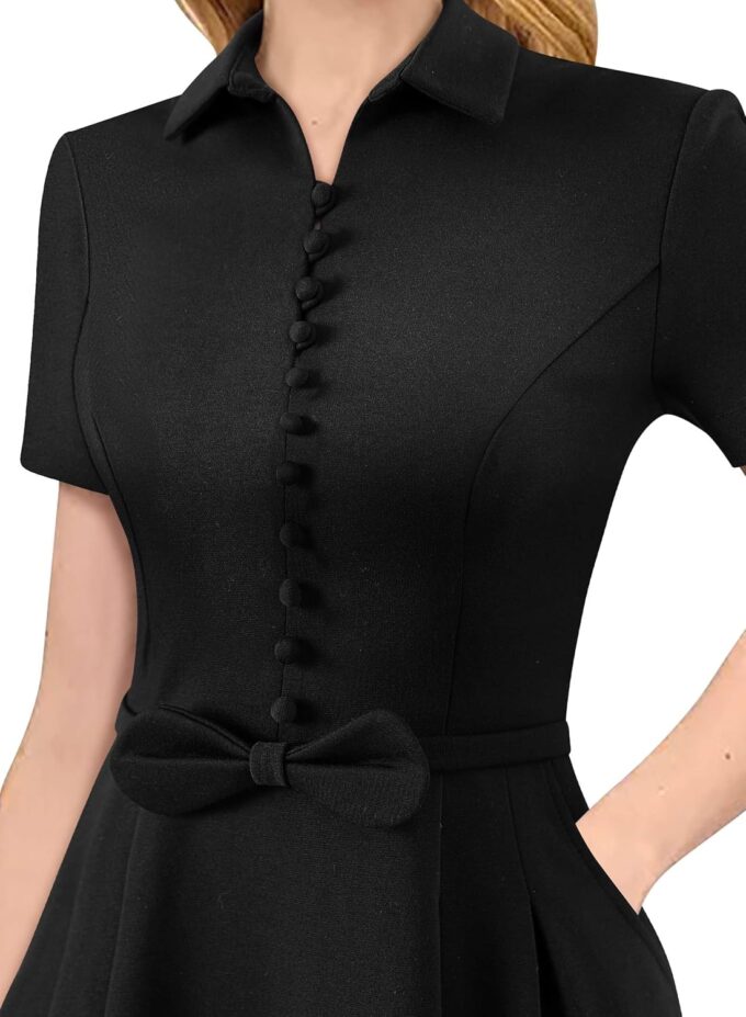 VFSHOW Damen-Kleid, Businesskleid, Arbeit, Büro, Gürtel, Knöpfe, Taschen, Kragen, Skaterkleid, A-Linie – Bild 3