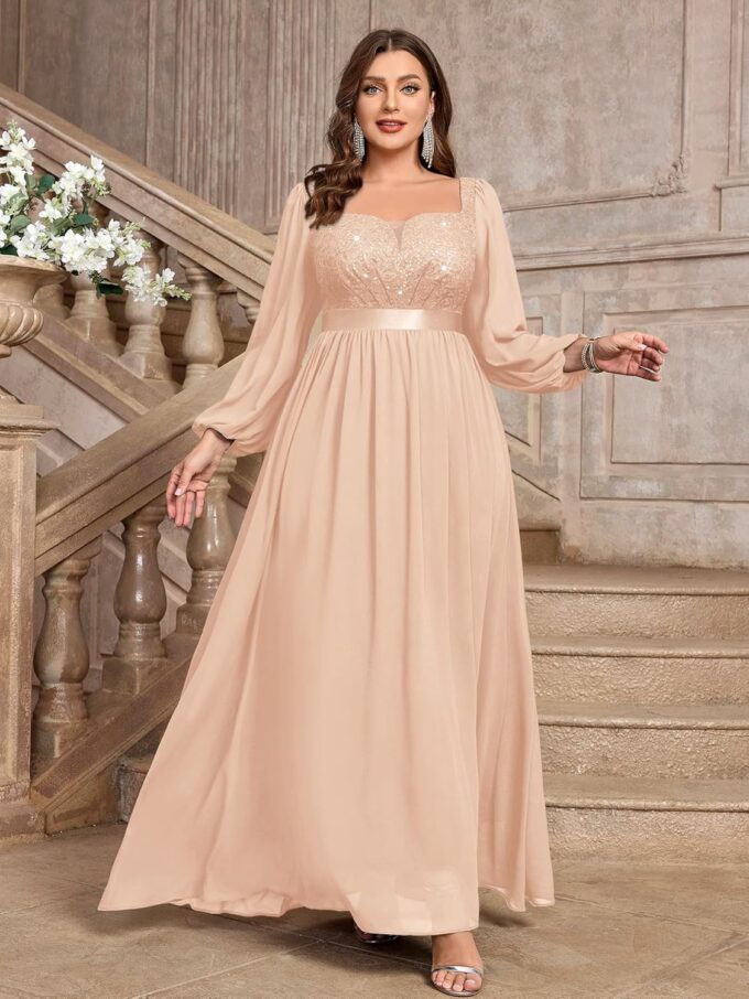 MISSMAY Women's Plus Size Sequin Lace Square V Neck Sheer Long Sleeves Formal Evening Chiffon Long Dress – Bild 3