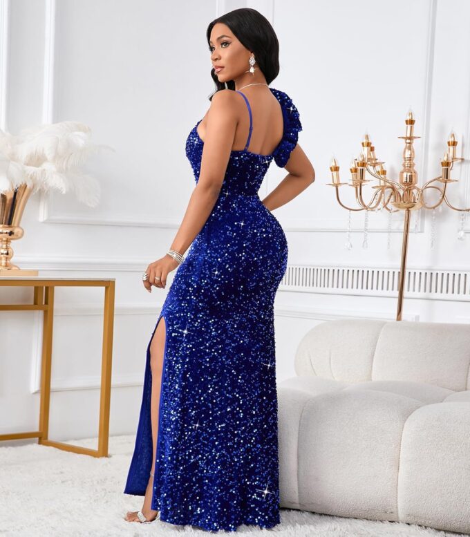 Cololura Women Sexy Elegant Sequin High Split Ruffled Hem Mermaid Party Cocktail Bodycon Formal Evening Gowns Maxi Dress – Bild 5