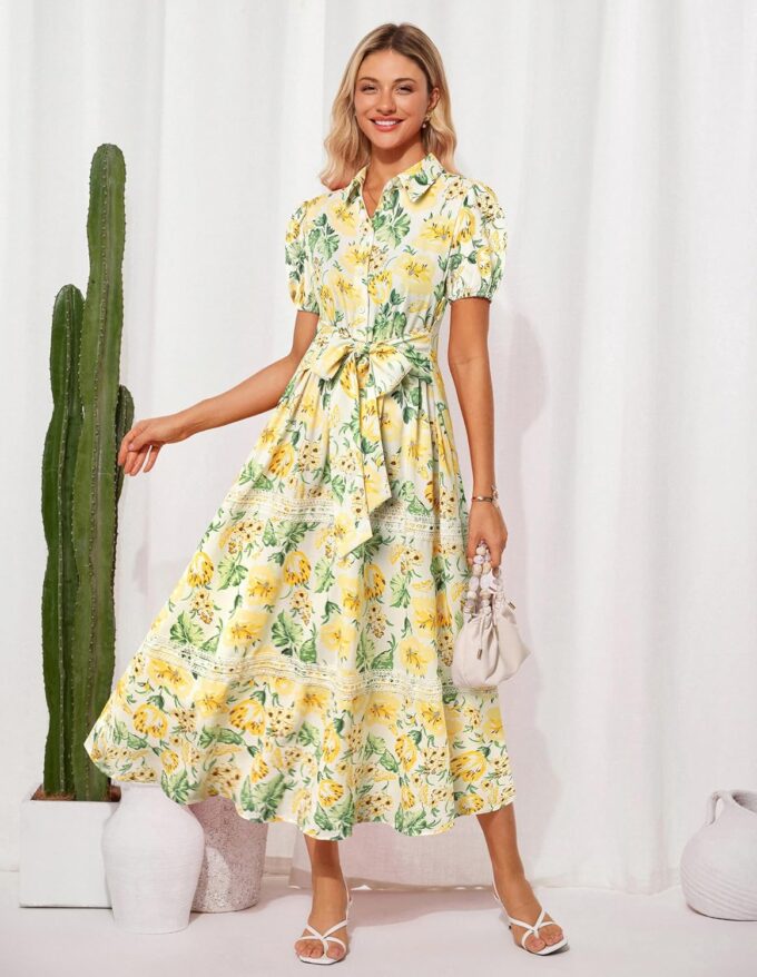 GRACE KARIN Women's 2025 Summer Floral Flowy Dresses Boho Tie Belt Short Puff Sleeve A Line Maxi Shirt Dress with Pocket – Bild 2