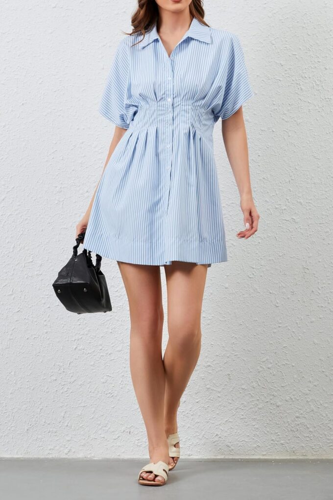 Womens Summer Short Sleeve Button Front Pleated Shirt Dress Striped Collar V Neck Casual Y2k Swing Short Mini Dress – Bild 7