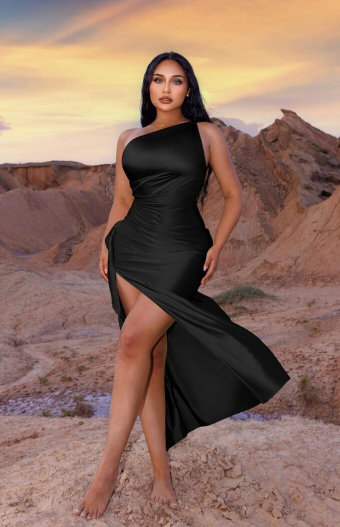 Memoriesea Women's Plus Size Satin Sexy One Shoulder High Split Cocktail Wedding Party Maxi Dress – Bild 2