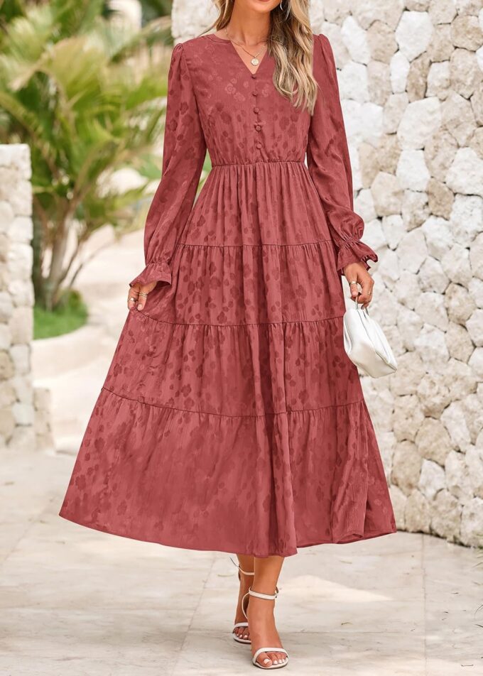 KIRUNDO Dresses for Women 2025 Elegant Classy Fall Wedding Guest Maxi Long Sleeve Empire Waist Ruffle Tiered Flowy Long Dress – Bild 3