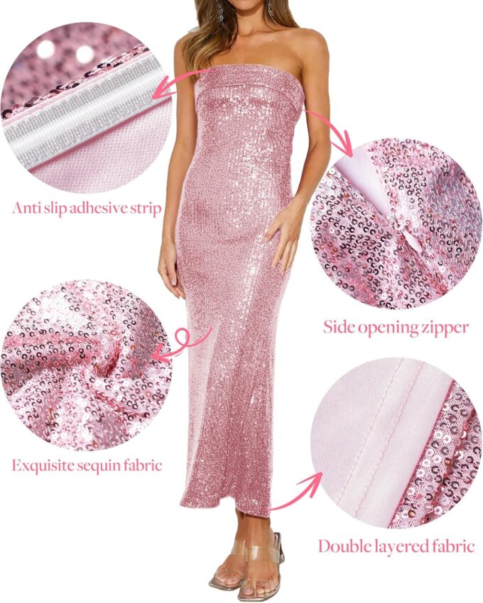Women Strapless midi Sequin Dresses Bodycon Sleeveless Wedding Guest Sparkly Glitter Formal Cocktail Dress – Bild 5