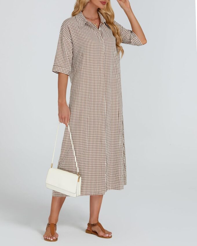 Women's Half Sleeve Plaid Midi Dress Collar V Neck Belted Casual Button Down Long Loose Dress – Bild 5