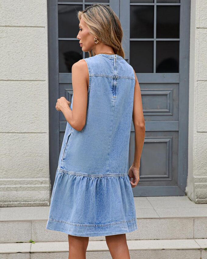 Women's Denim Mini Dress Sleeveless Drop Waist Ruffle Hem Summer Cute Tank Short Dress – Bild 5