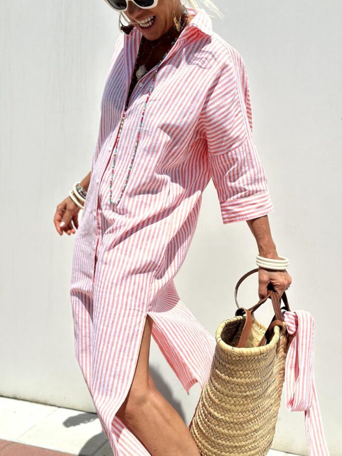 utcoco Womens 2025 Shirt Dress Casual Lapel 3/4 Sleeve Button Down Split Belted Vacation Maxi Dress – Bild 4