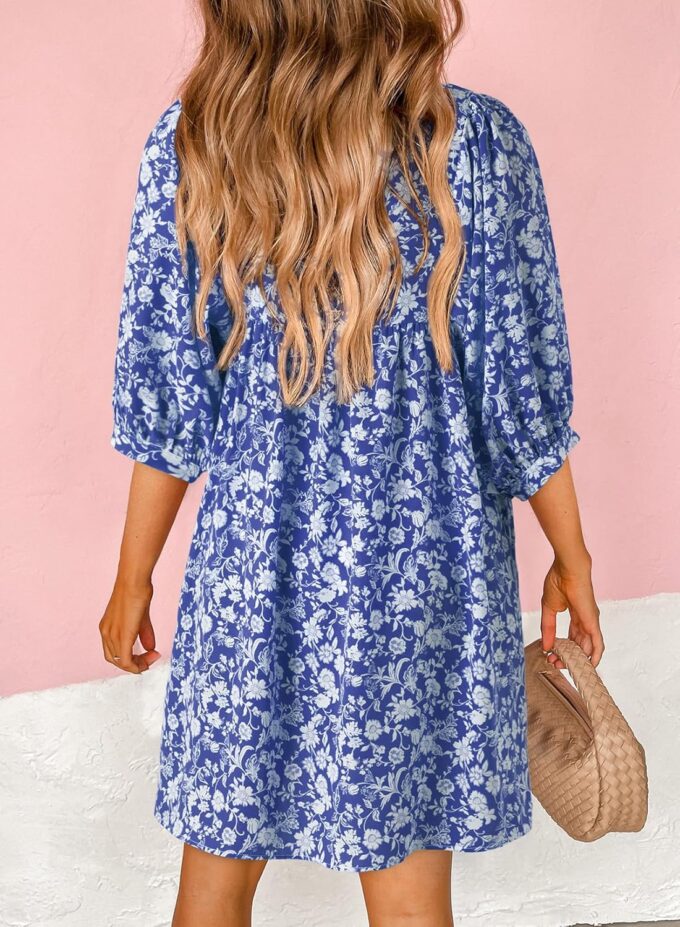 Dokotoo Womens Summer Dresses 2025 Boho Floral Drawstring V Neck Chiffon Lantern Sleeve Beach Vacation Mini Dress Sundress – Bild 2