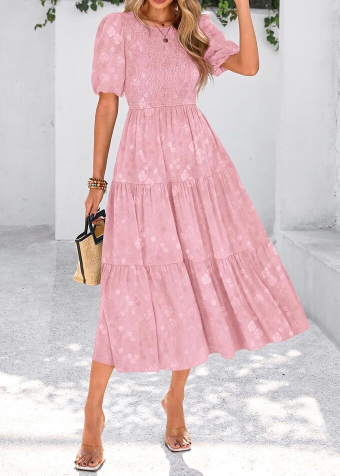 KIRUNDO Womens Summer Dresses Wedding Guest Floral Midi Sundress Short Puff Sleeve Flowy A Line Smocked Tiered Boho Dress – Bild 4