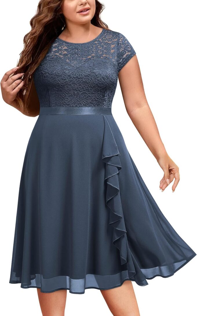 Miusol Women's Plus Size Ruffle Floral Lace Contrast Chiffon Formal Bridesmaid Party A-Line Cocktail Dress