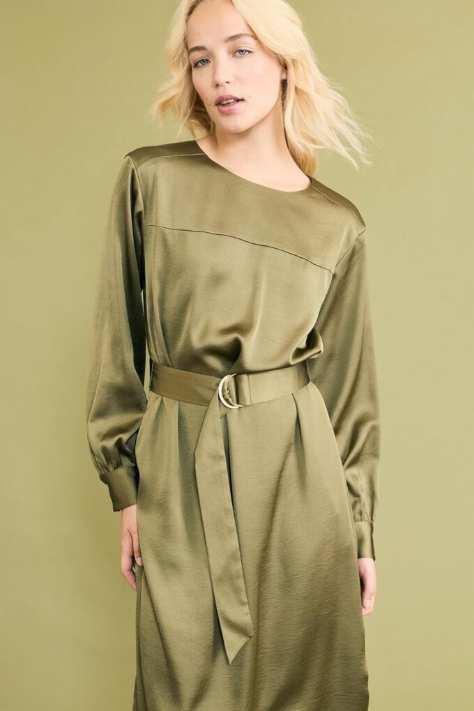 Luxely Damen Women's Long Sleeve D-Ring Belted Midi-Side Slit Casual-Evening Cocktail Dress Lässiges Business-Kleid – Bild 4