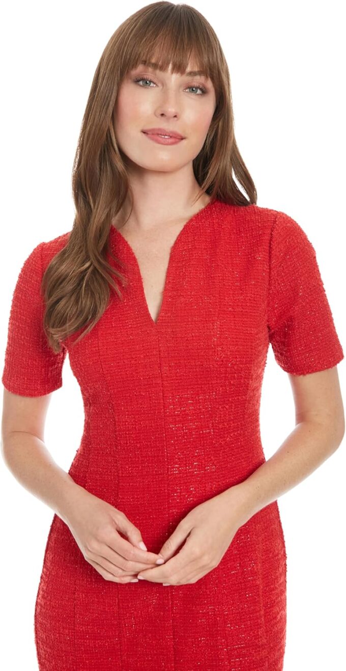 London Times Women's Elegant Short Sleeve V-Neck Sheath Knee Length with Gold Button Detail-Versatile Cocktail Dress – Bild 3