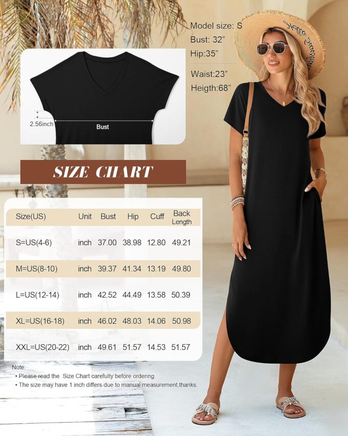 Riyiper 2 Piece Women's Short Sleeve Maxi Dress with Pockets V Neck Split Casual Loose Long Summer Beach Shirt Dress – Bild 6