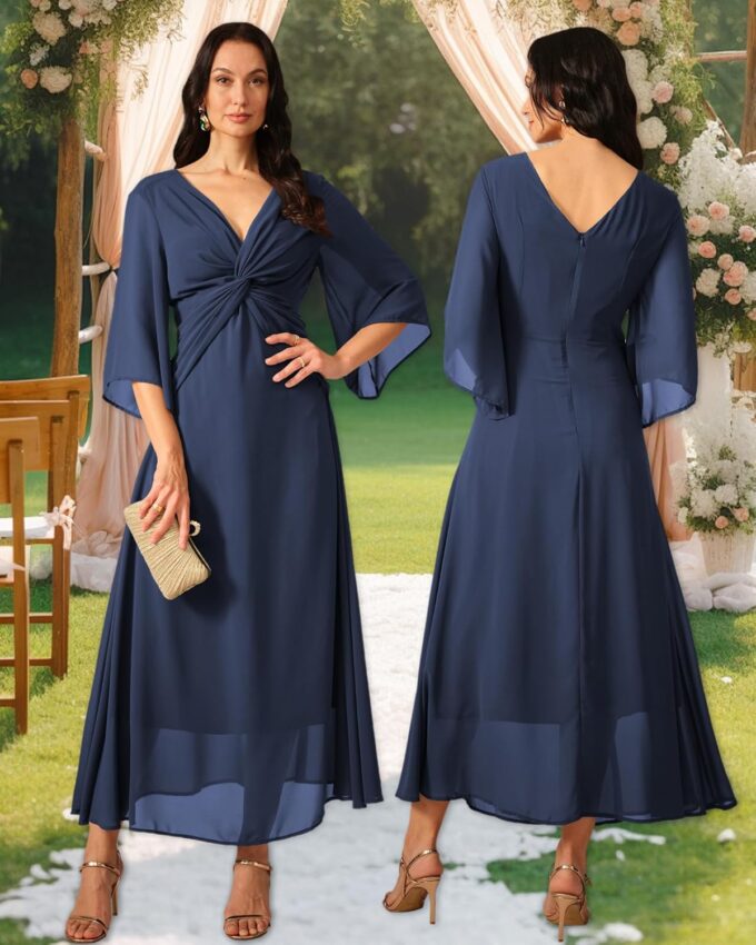 Women's Formal Cocktail Wedding Guest V Neck Long Chiffon Maxi Dresses A-Line 3/4 Sleeve Elegant Bridesmaids Dress – Bild 2