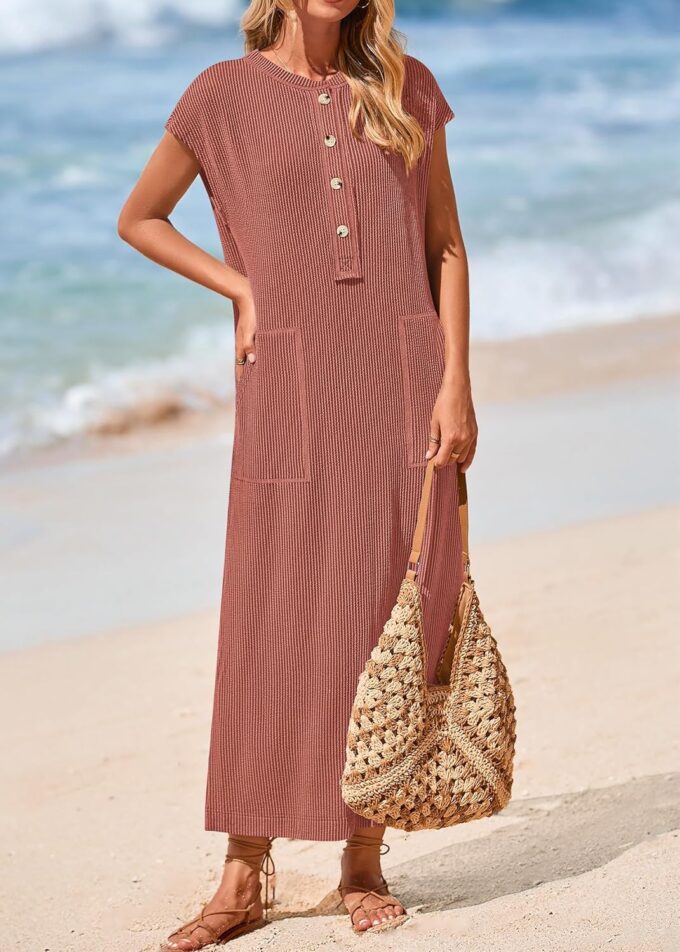 KIRUNDO Womens Summer Dresses Ribbed Knit Henley Short Sleeve Maxi Dress Button Up Loose Slit Beach Vacation Sundress – Bild 4