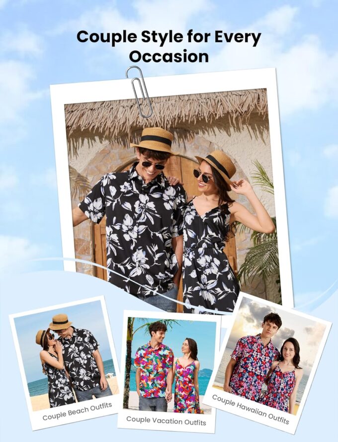 PATPAT Matching Hawaiian Outfits for Couples Beach Vacation Tropical Print Women Spaghetti Strap Dress or Men Cruise Shirt – Bild 2