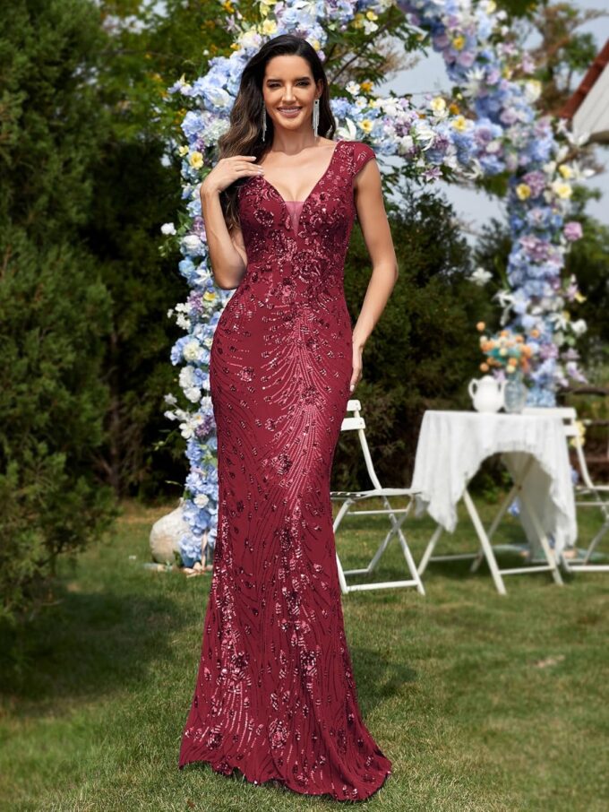 Womens Sequined Long Evening Gown Glamous Sleeveless V-Neck Mermaid Prom Dress for Wedding Party Club Occasions – Bild 3