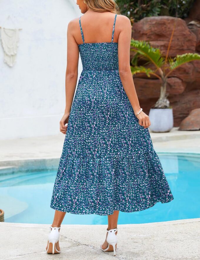 Kranda Women 2025 Summer Sundress High Waist Tie Front Spaghetti Strap Ruffle Long Beach Floral Maxi Dress with Pockets – Bild 3