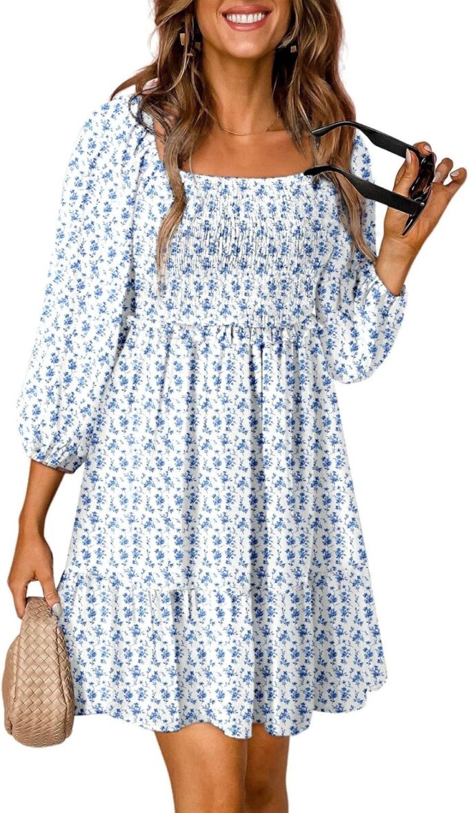 Dokotoo Summer Dresses for Women 2025 Boho Floral Square Neck Smocked 3/4 Sleeve Casual A-Line Swing Mini Dress Sundress