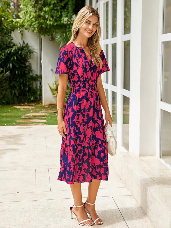 BerryGo Women's Floral Summer Short Sleeve Midi Dress V Neck Empire Waist Swing Flowy Boho Dress – Bild 5