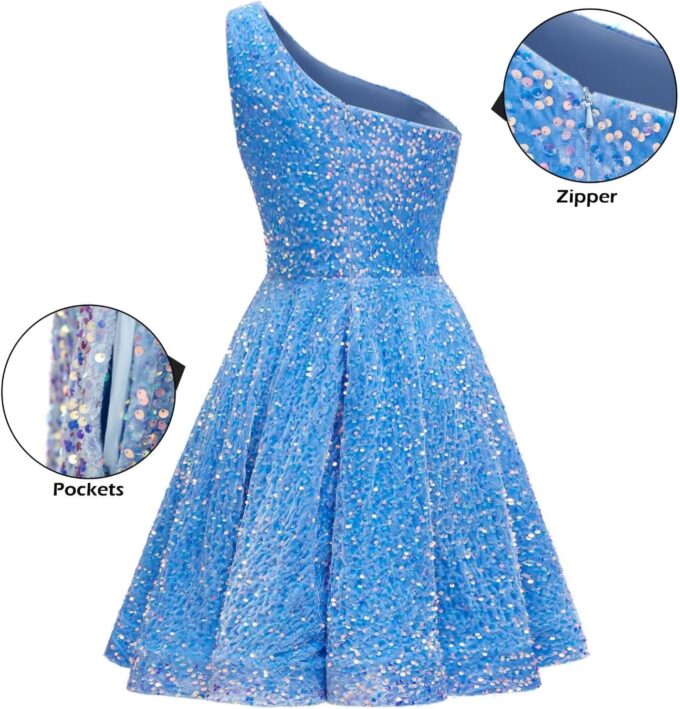 One Shoulder Sequin Homecoming Dresses for Teens 2025 Short Prom Dress Sparkly A-line Formal Dress with Pockets – Bild 2