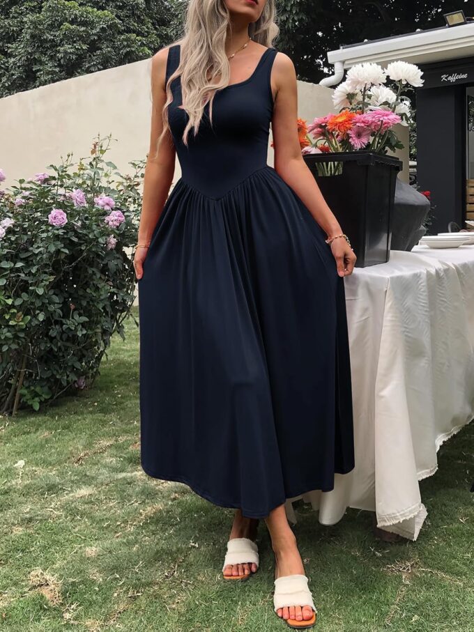 Women's Summer Maxi Dress 2025 - Sleeveless Square Neck Casual Beach Sundress with Pockets, Flowy Patchwork Knit – Bild 2