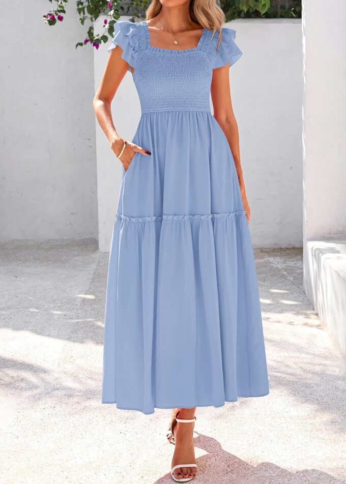 KIRUNDO Smocked Summer Dresses for Women 2025 Wedding Guest Midi Flowy Ruffle Short Sleeve Square Neck Tiered Sundress – Bild 3