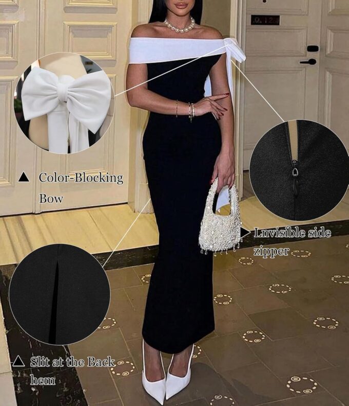 Women Sexy Tight Slit Back Knit Cocktail Dress Elegant Black and White Splicing Off The Shoulder Maxi Dress – Bild 6