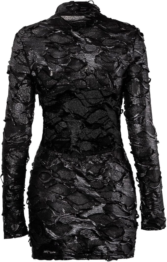 magorange Women Sexy Mock Neck Mesh Hole Hollow Out Mini Dress Long Sleeve Backless Bodycon Mini Club Party Dress – Bild 4