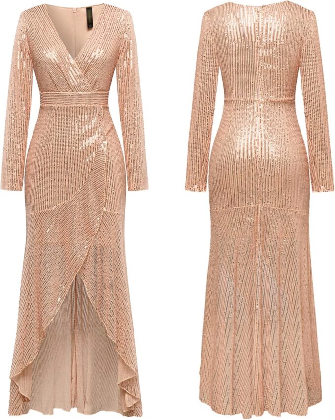 Women's Long Sequin Formal Dresses Long-Sleeve Cocktail Wedding Guest Dresses Elegant V Neck Party Gowns – Bild 4