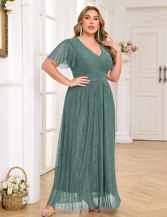 ZOMVA Plus Size Maxi Formal Dress Sparkly V-Neck A-line Ruffle Sleeves Evening Gown Cocktail Prom Glitter – Bild 3