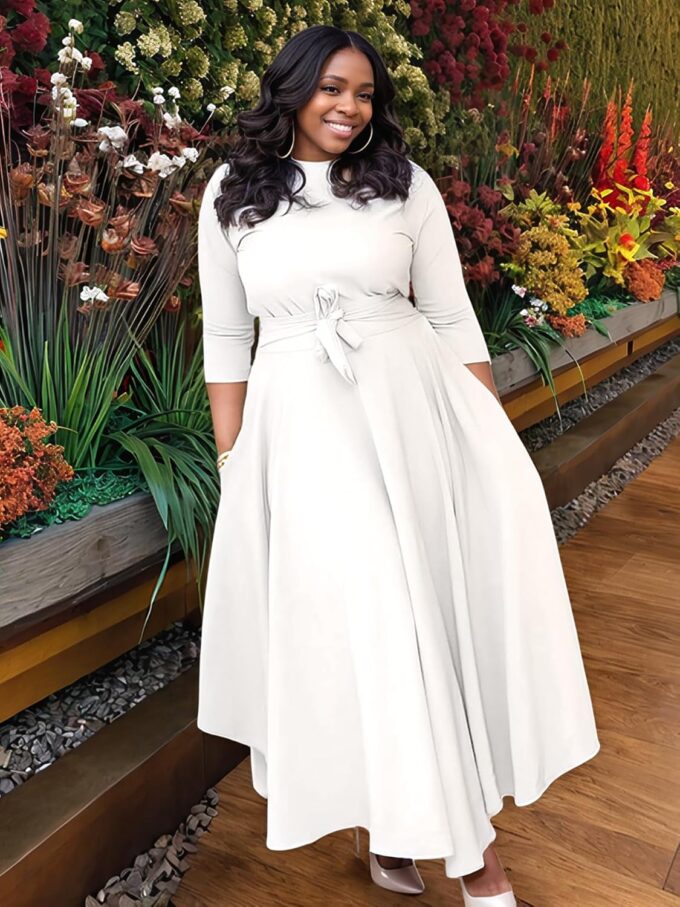 Plus Size Dress for Curvy Women Stretch Self Tie A-Line Maxi Dress with Pockets Swing Long Outfit – Bild 3