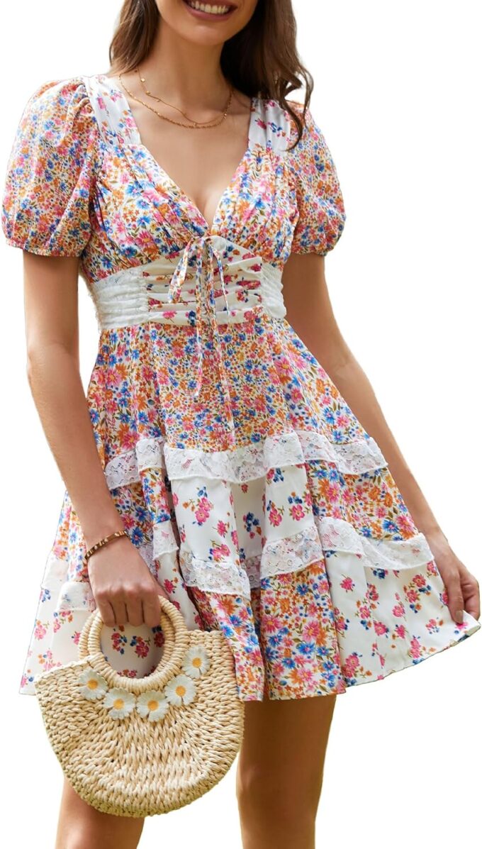 hibshaby Women's Floral Patchwork Dress V Neck Lace Layered Ruffle Flowy Babydoll Dress Puff Sleeve Tiered Mini Sundress